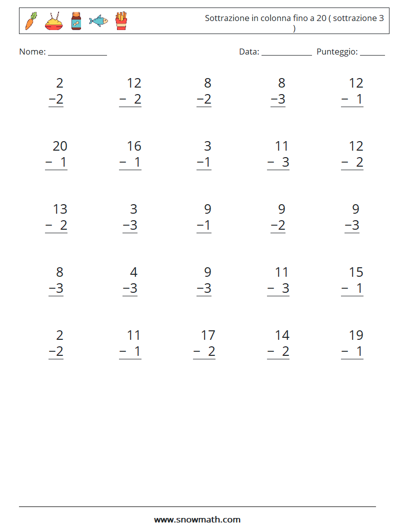 (25) Sottrazione in colonna fino a 20 ( sottrazione 3 ) Fogli di lavoro di matematica 13