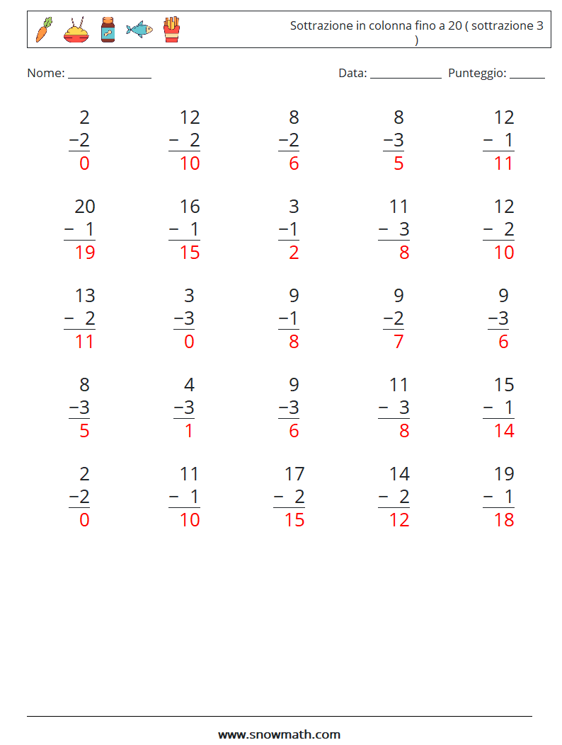 (25) Sottrazione in colonna fino a 20 ( sottrazione 3 ) Fogli di lavoro di matematica 13 Domanda, Risposta