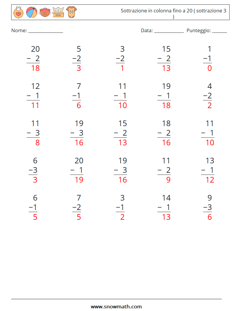 (25) Sottrazione in colonna fino a 20 ( sottrazione 3 ) Fogli di lavoro di matematica 14 Domanda, Risposta