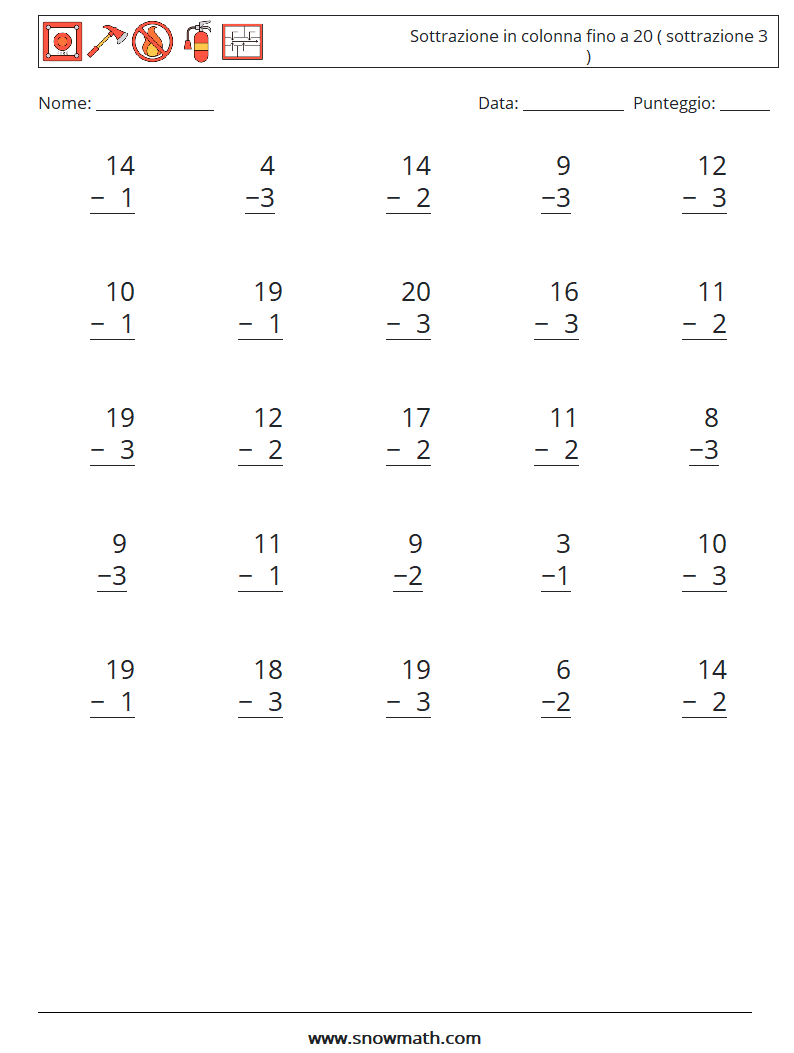 (25) Sottrazione in colonna fino a 20 ( sottrazione 3 ) Fogli di lavoro di matematica 15