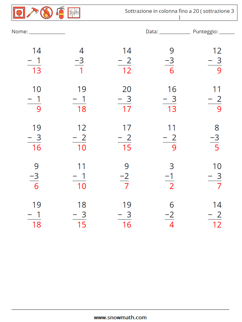 (25) Sottrazione in colonna fino a 20 ( sottrazione 3 ) Fogli di lavoro di matematica 15 Domanda, Risposta