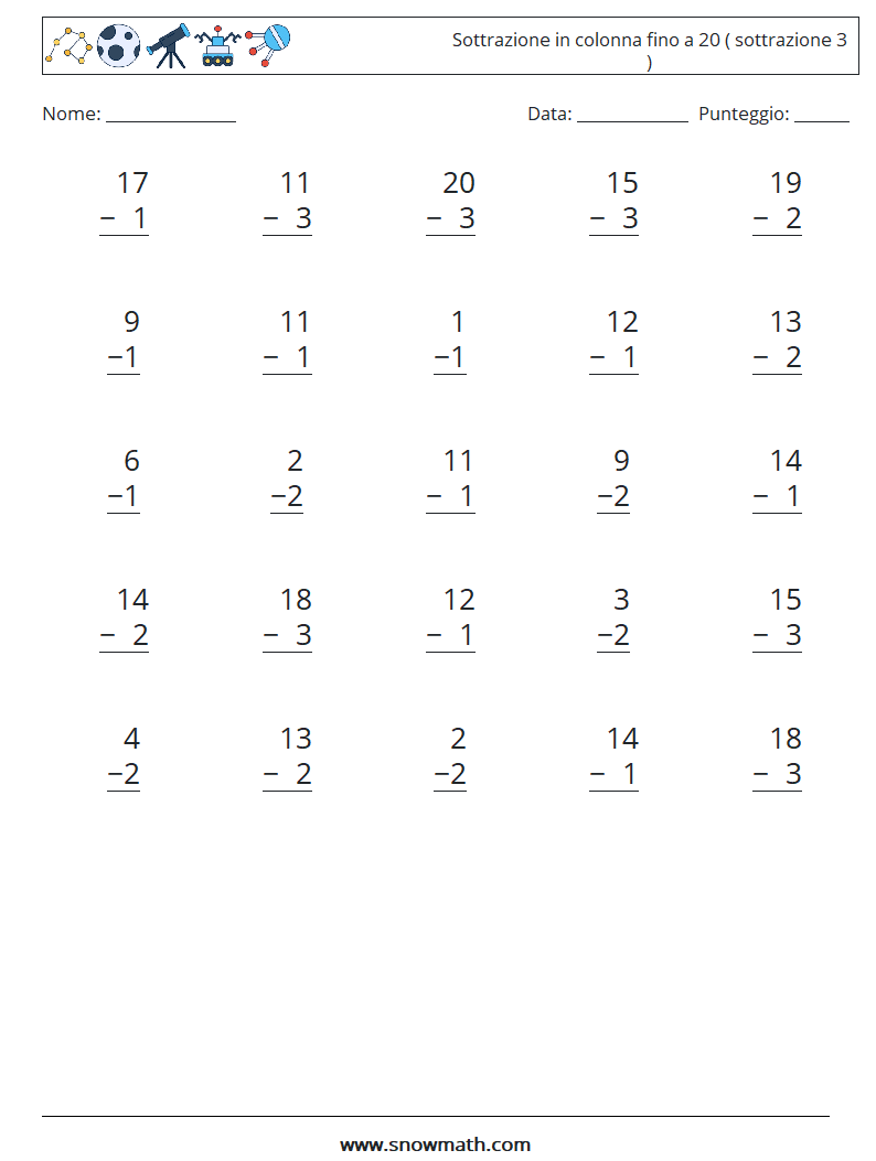 (25) Sottrazione in colonna fino a 20 ( sottrazione 3 ) Fogli di lavoro di matematica 16