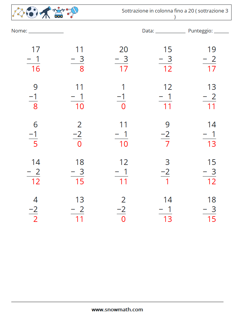 (25) Sottrazione in colonna fino a 20 ( sottrazione 3 ) Fogli di lavoro di matematica 16 Domanda, Risposta