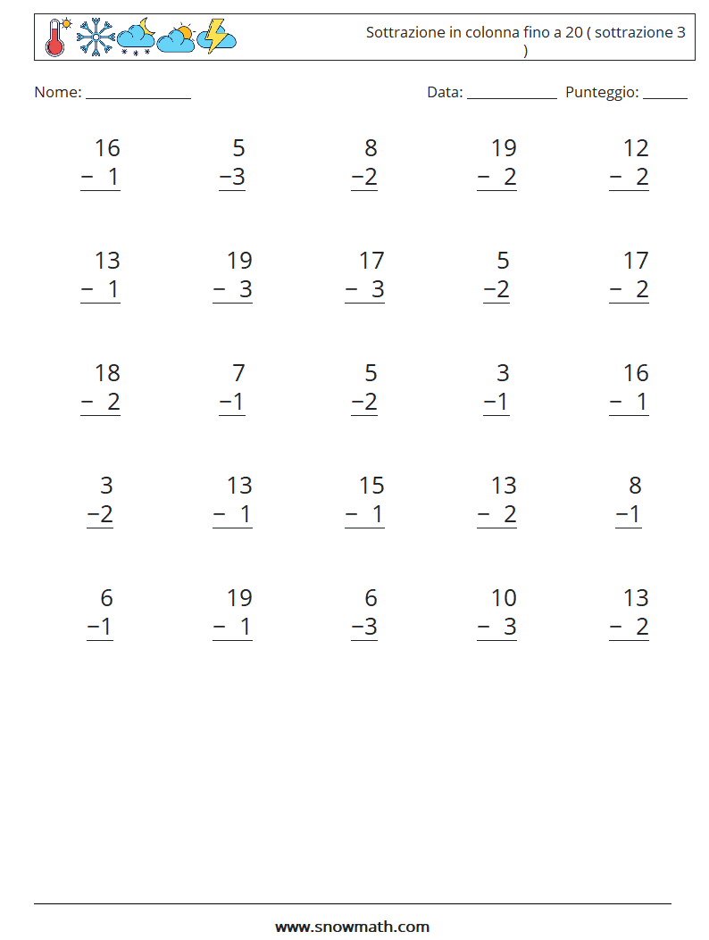 (25) Sottrazione in colonna fino a 20 ( sottrazione 3 ) Fogli di lavoro di matematica 17