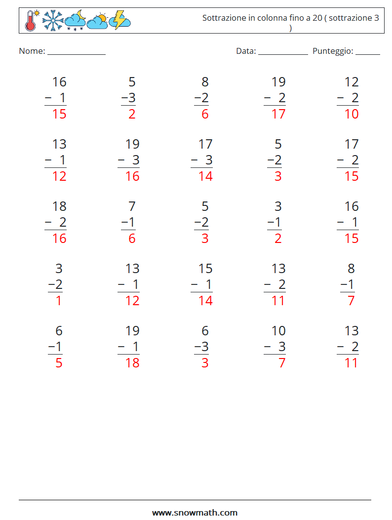 (25) Sottrazione in colonna fino a 20 ( sottrazione 3 ) Fogli di lavoro di matematica 17 Domanda, Risposta