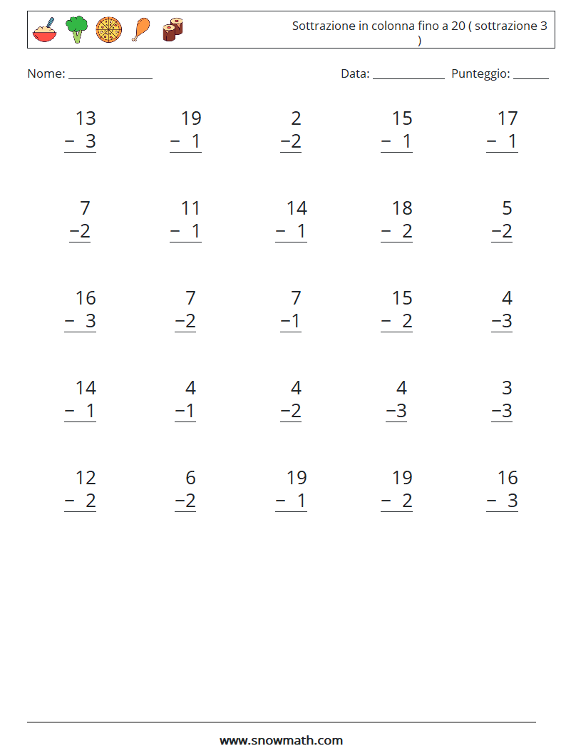 (25) Sottrazione in colonna fino a 20 ( sottrazione 3 ) Fogli di lavoro di matematica 18