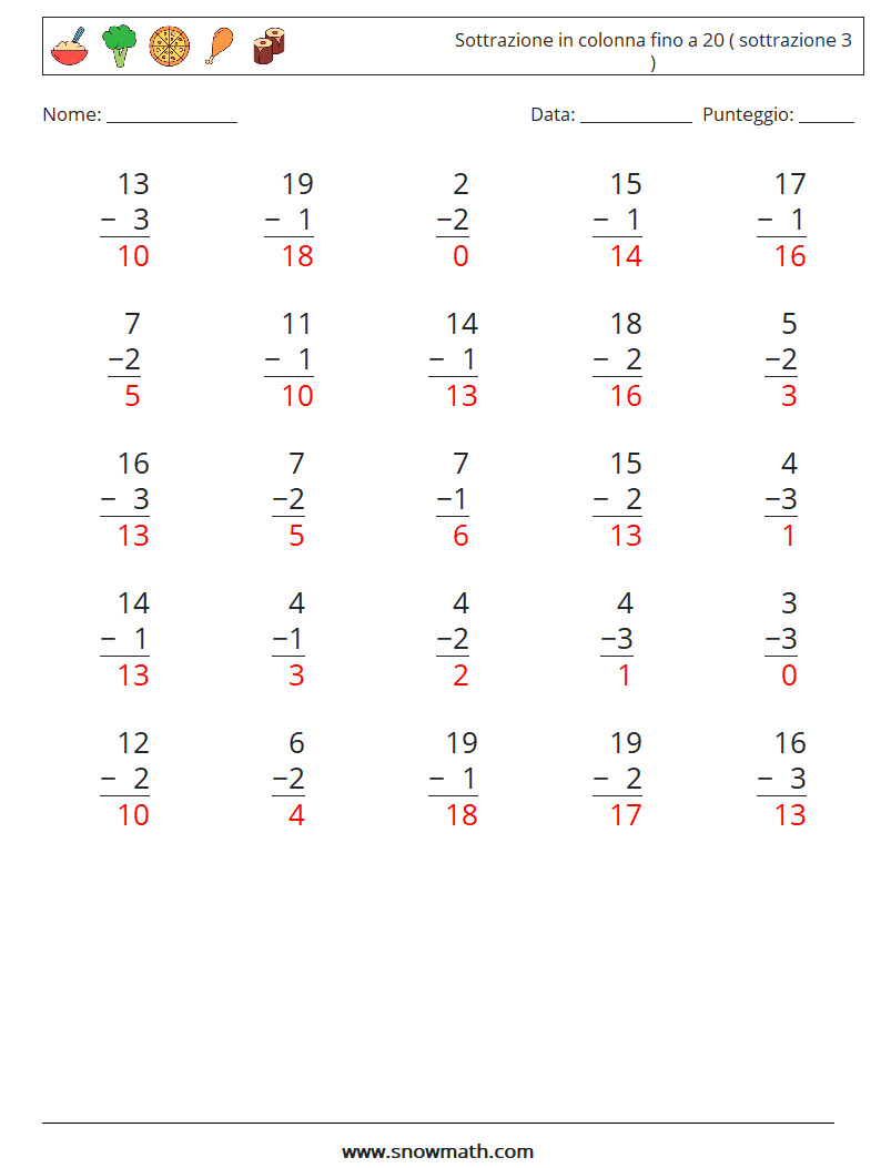 (25) Sottrazione in colonna fino a 20 ( sottrazione 3 ) Fogli di lavoro di matematica 18 Domanda, Risposta