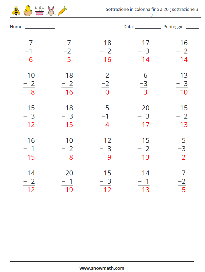 (25) Sottrazione in colonna fino a 20 ( sottrazione 3 ) Fogli di lavoro di matematica 1 Domanda, Risposta