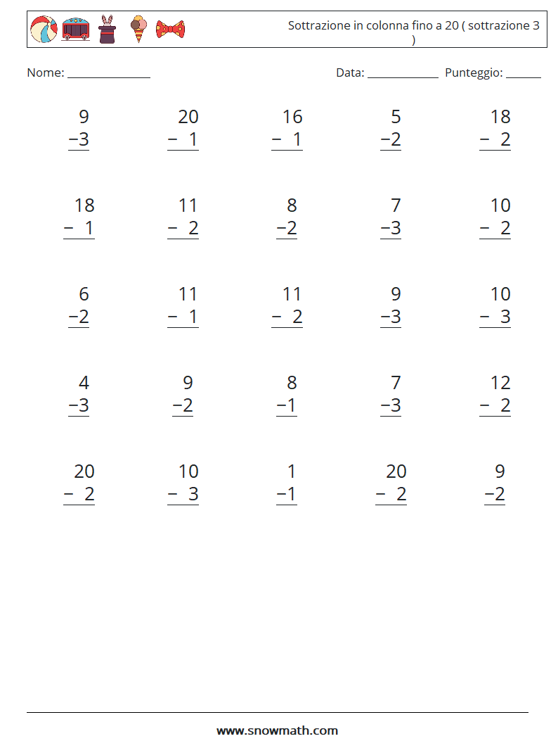(25) Sottrazione in colonna fino a 20 ( sottrazione 3 ) Fogli di lavoro di matematica 2