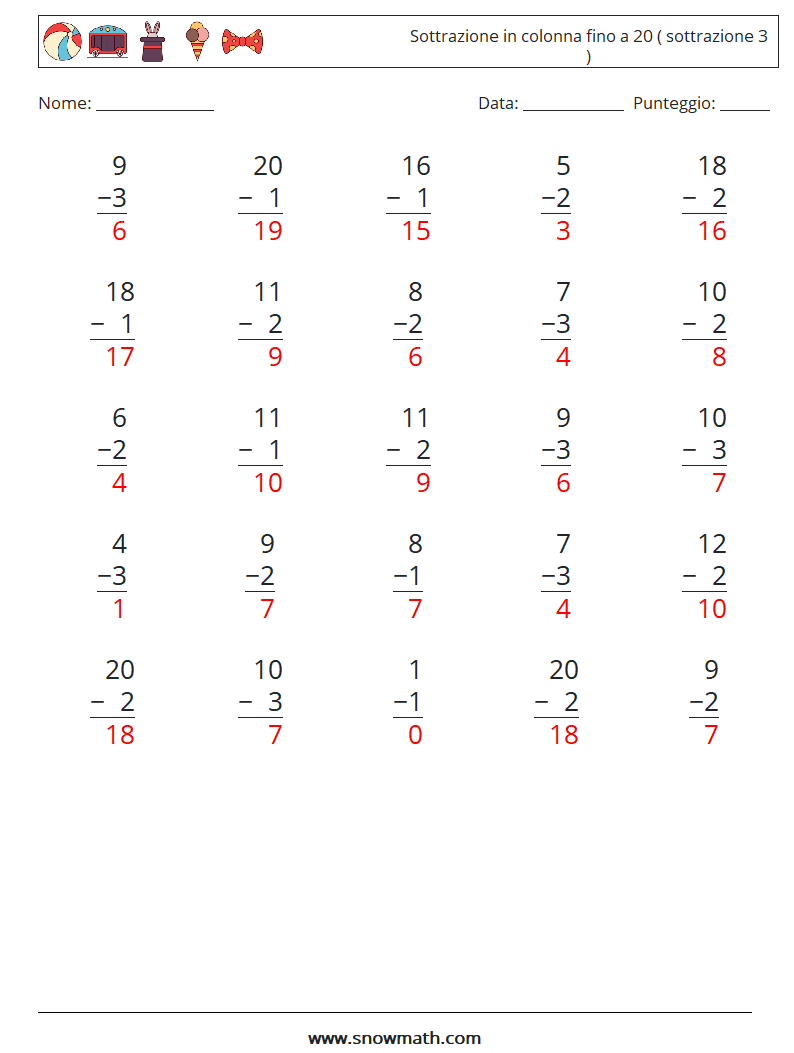 (25) Sottrazione in colonna fino a 20 ( sottrazione 3 ) Fogli di lavoro di matematica 2 Domanda, Risposta