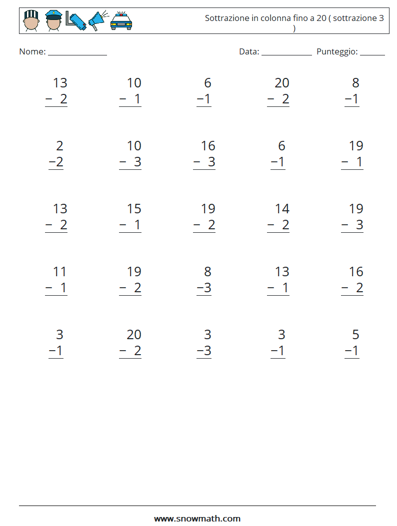 (25) Sottrazione in colonna fino a 20 ( sottrazione 3 ) Fogli di lavoro di matematica 3