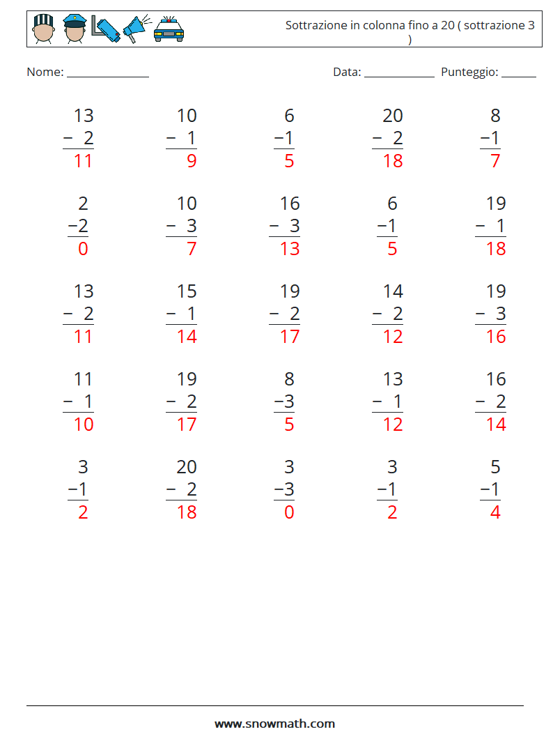 (25) Sottrazione in colonna fino a 20 ( sottrazione 3 ) Fogli di lavoro di matematica 3 Domanda, Risposta