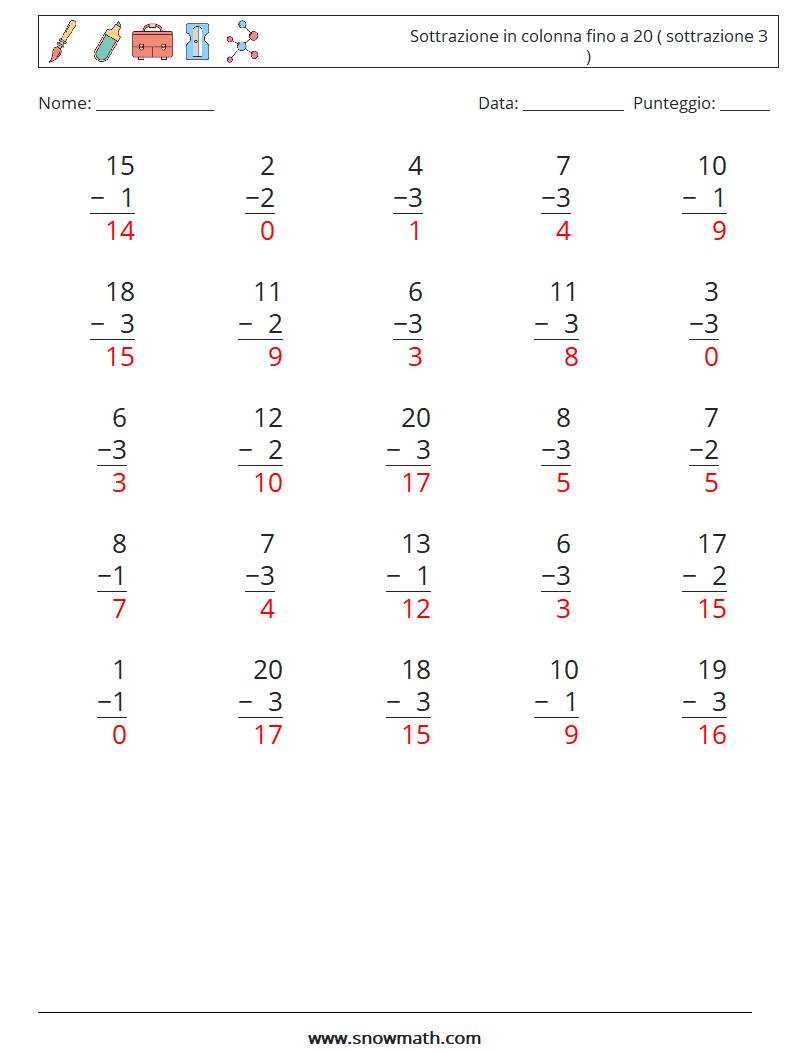 (25) Sottrazione in colonna fino a 20 ( sottrazione 3 ) Fogli di lavoro di matematica 4 Domanda, Risposta