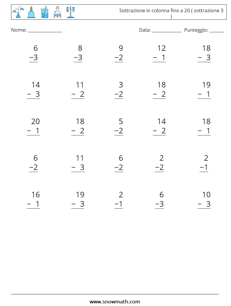 (25) Sottrazione in colonna fino a 20 ( sottrazione 3 ) Fogli di lavoro di matematica 6