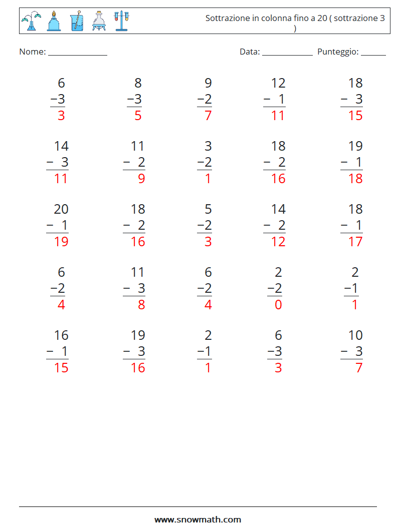 (25) Sottrazione in colonna fino a 20 ( sottrazione 3 ) Fogli di lavoro di matematica 6 Domanda, Risposta