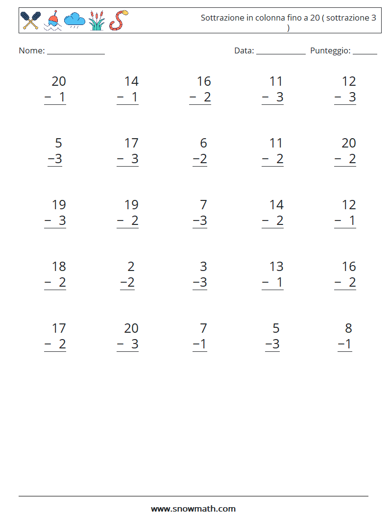 (25) Sottrazione in colonna fino a 20 ( sottrazione 3 ) Fogli di lavoro di matematica 7