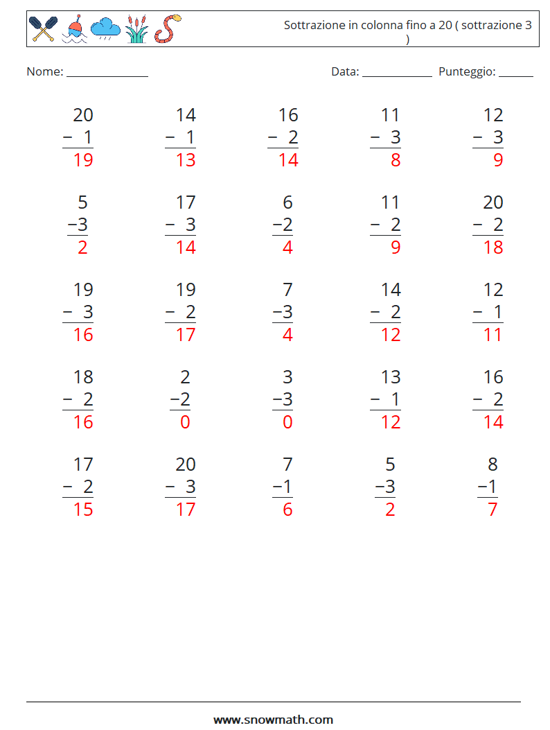 (25) Sottrazione in colonna fino a 20 ( sottrazione 3 ) Fogli di lavoro di matematica 7 Domanda, Risposta