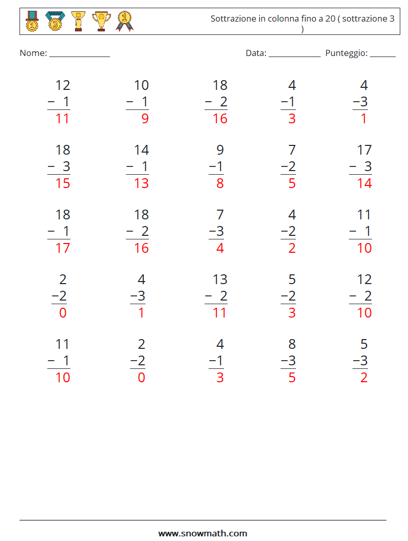 (25) Sottrazione in colonna fino a 20 ( sottrazione 3 ) Fogli di lavoro di matematica 8 Domanda, Risposta