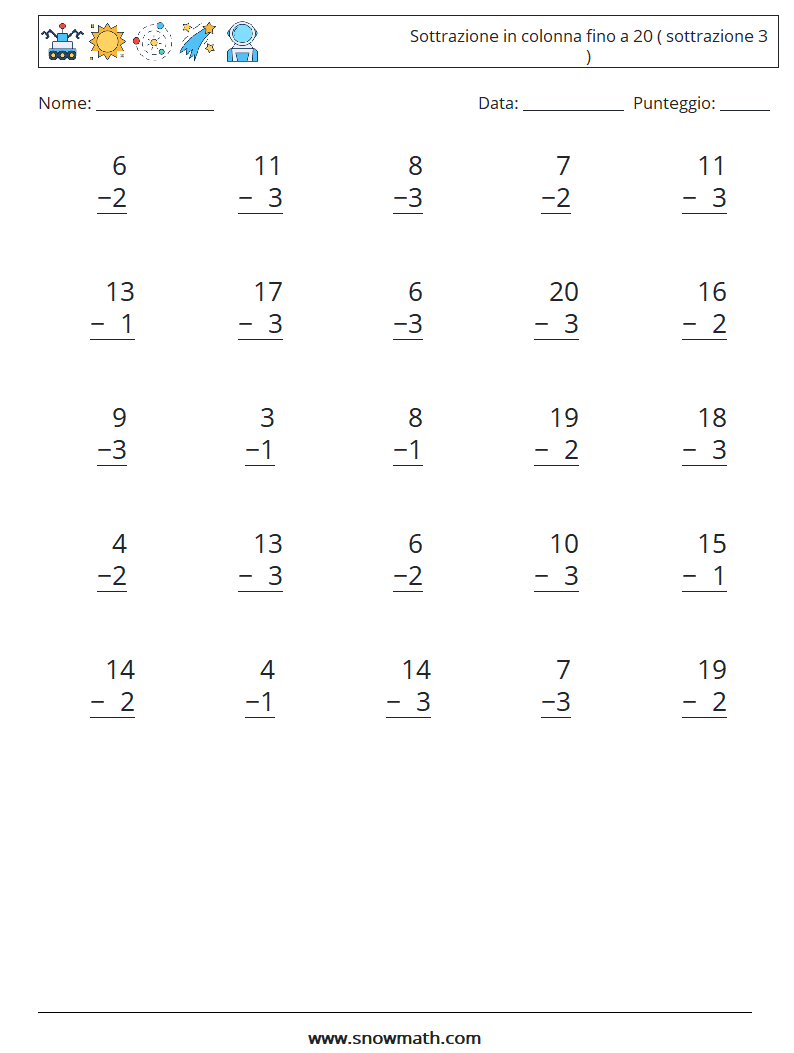 (25) Sottrazione in colonna fino a 20 ( sottrazione 3 ) Fogli di lavoro di matematica 9