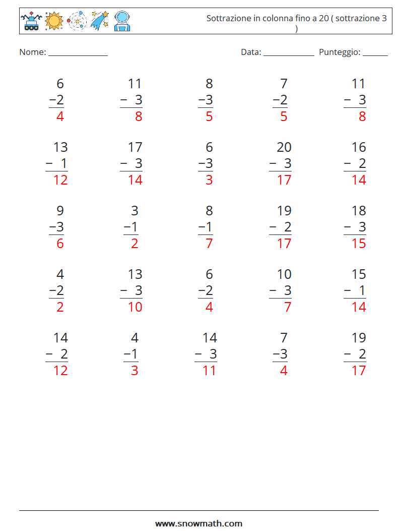 (25) Sottrazione in colonna fino a 20 ( sottrazione 3 ) Fogli di lavoro di matematica 9 Domanda, Risposta