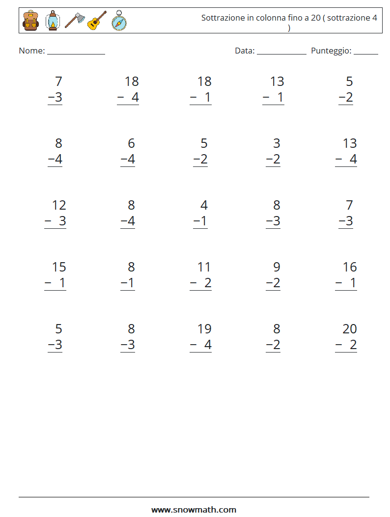 (25) Sottrazione in colonna fino a 20 ( sottrazione 4 ) Fogli di lavoro di matematica 1