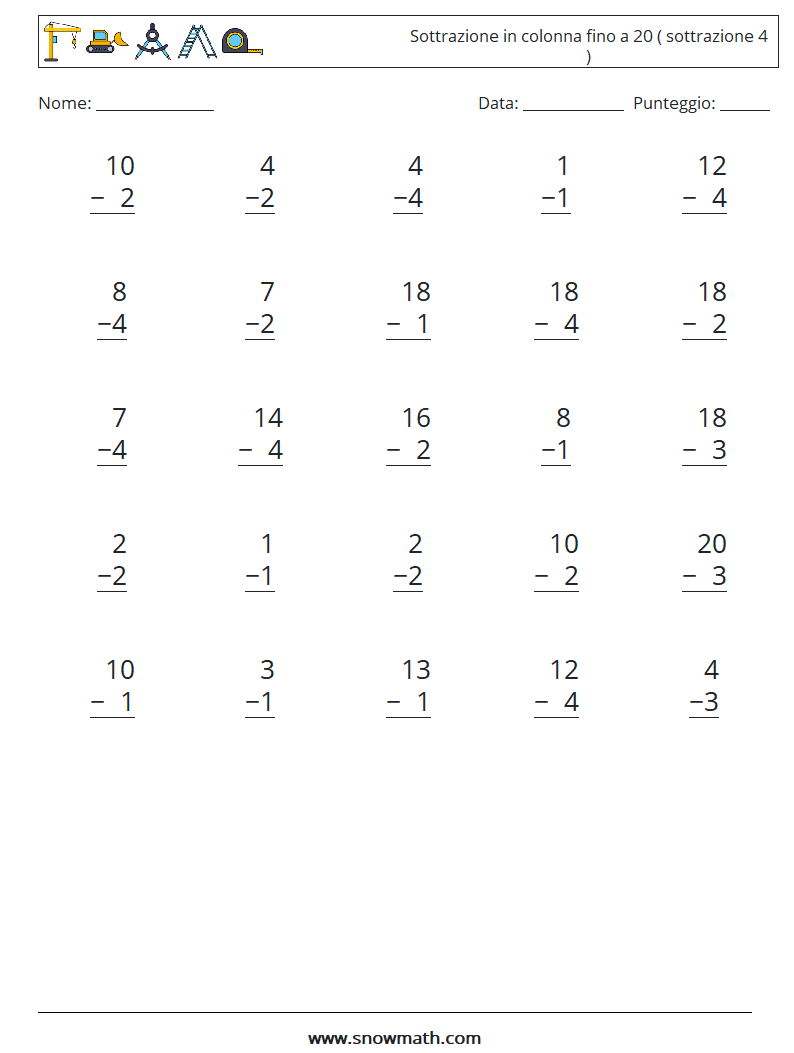 (25) Sottrazione in colonna fino a 20 ( sottrazione 4 ) Fogli di lavoro di matematica 2