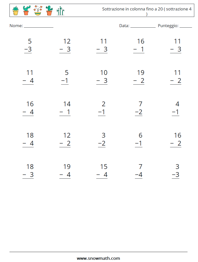 (25) Sottrazione in colonna fino a 20 ( sottrazione 4 ) Fogli di lavoro di matematica 5