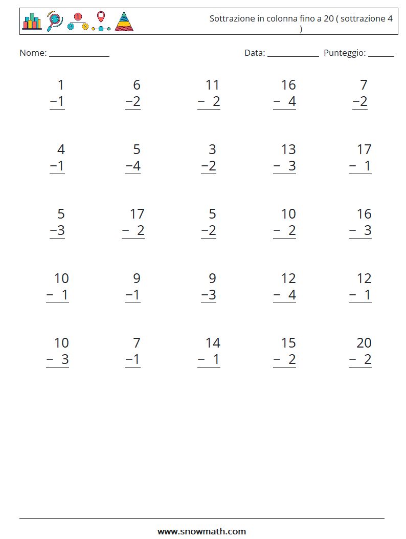 (25) Sottrazione in colonna fino a 20 ( sottrazione 4 ) Fogli di lavoro di matematica 6
