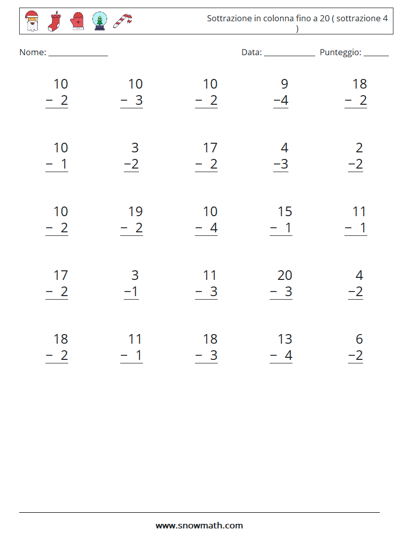 (25) Sottrazione in colonna fino a 20 ( sottrazione 4 ) Fogli di lavoro di matematica 7