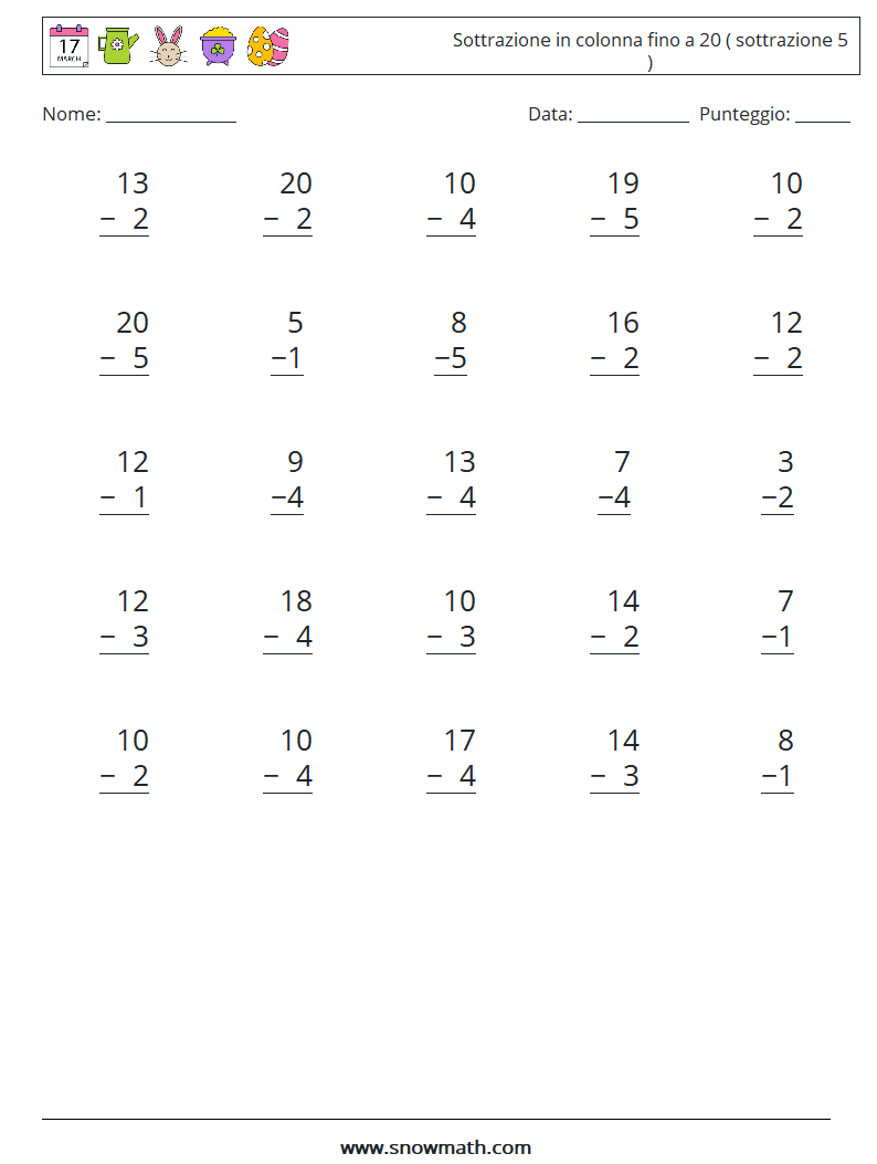 (25) Sottrazione in colonna fino a 20 ( sottrazione 5 ) Fogli di lavoro di matematica 1