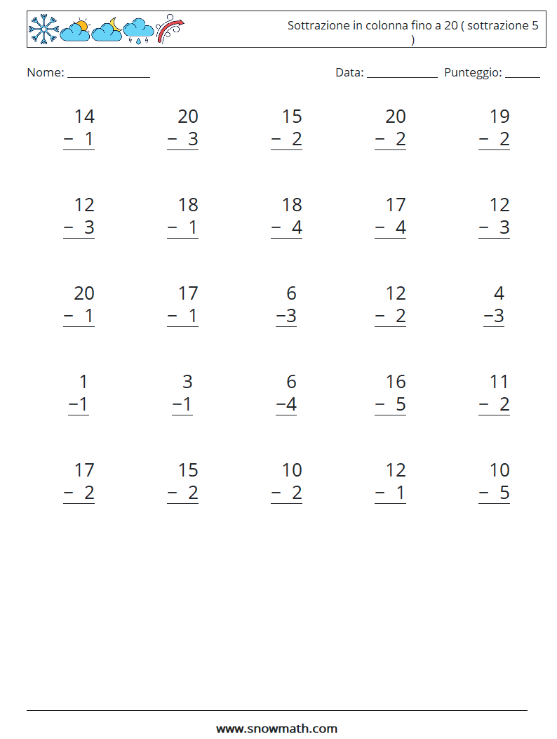 (25) Sottrazione in colonna fino a 20 ( sottrazione 5 ) Fogli di lavoro di matematica 11