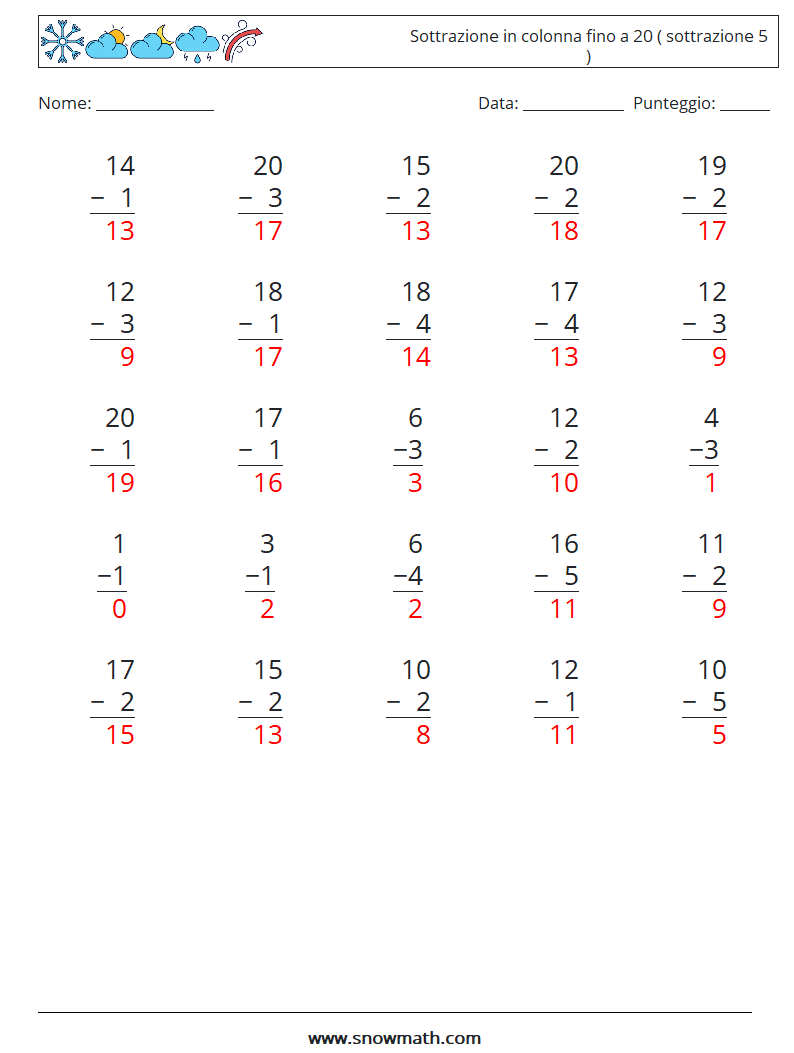 (25) Sottrazione in colonna fino a 20 ( sottrazione 5 ) Fogli di lavoro di matematica 11 Domanda, Risposta