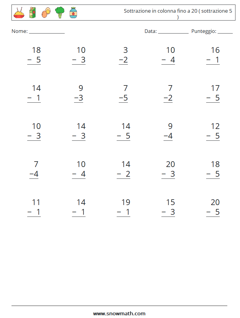 (25) Sottrazione in colonna fino a 20 ( sottrazione 5 ) Fogli di lavoro di matematica 15