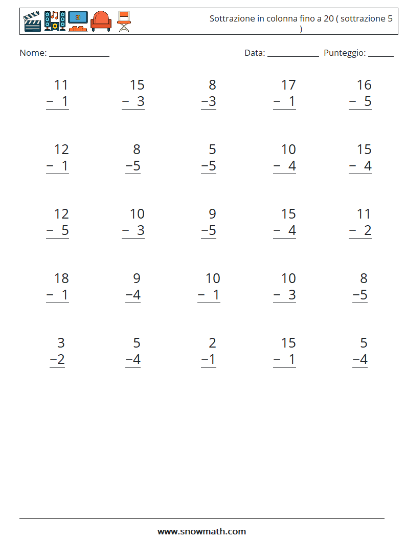 (25) Sottrazione in colonna fino a 20 ( sottrazione 5 ) Fogli di lavoro di matematica 16