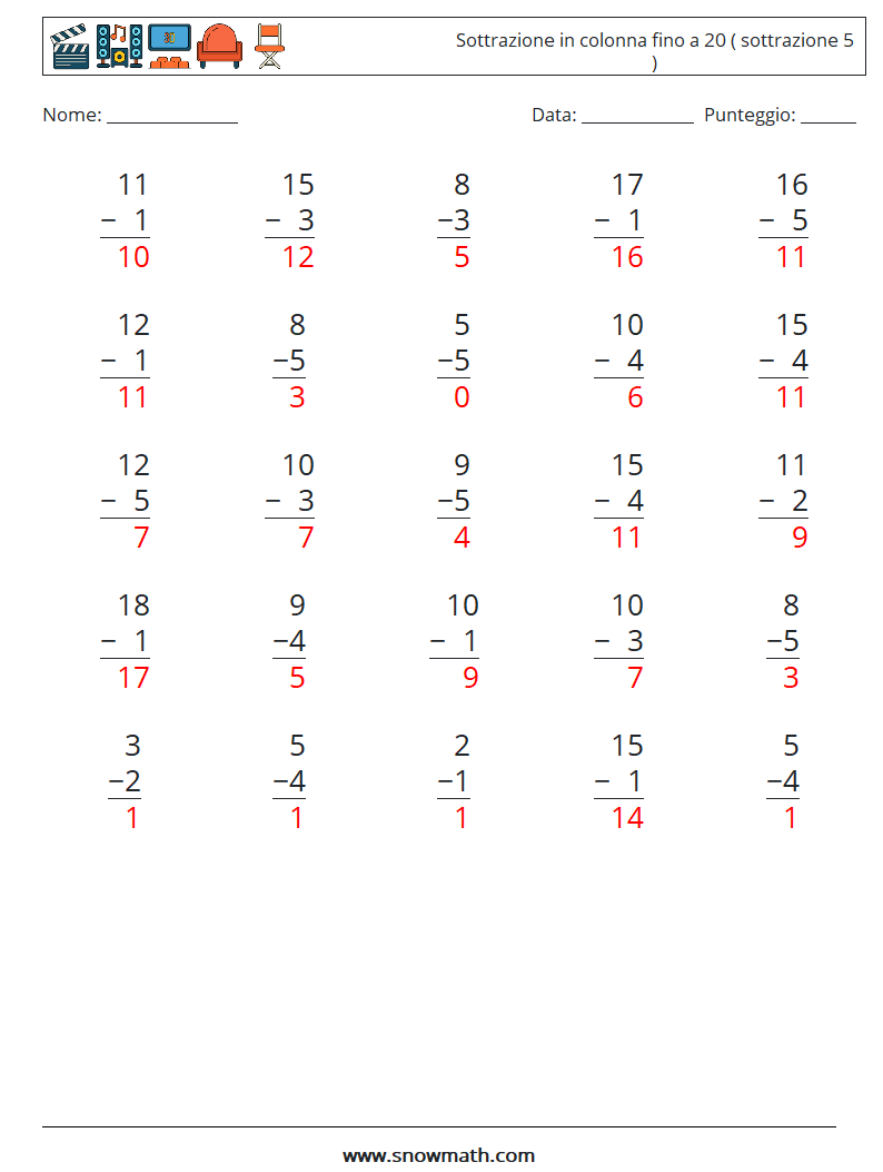 (25) Sottrazione in colonna fino a 20 ( sottrazione 5 ) Fogli di lavoro di matematica 16 Domanda, Risposta