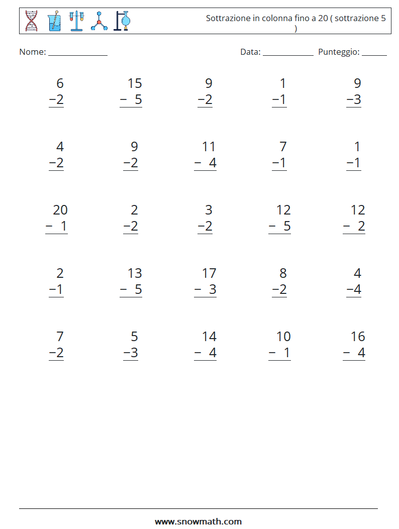 (25) Sottrazione in colonna fino a 20 ( sottrazione 5 ) Fogli di lavoro di matematica 18
