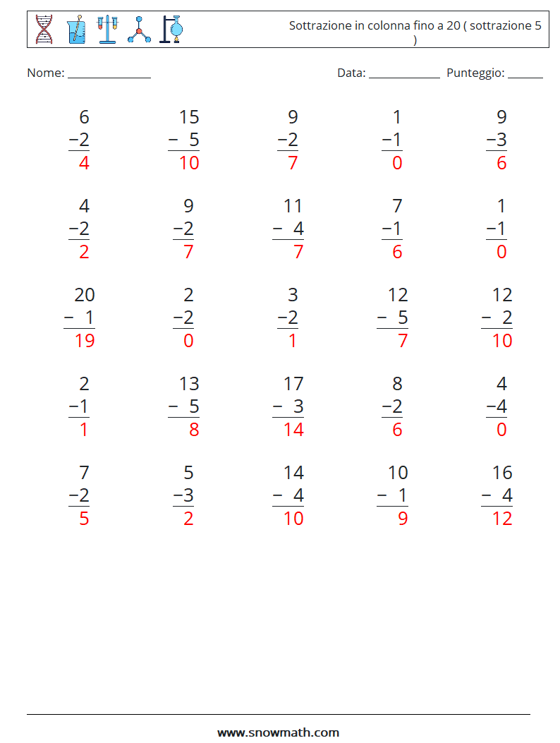 (25) Sottrazione in colonna fino a 20 ( sottrazione 5 ) Fogli di lavoro di matematica 18 Domanda, Risposta