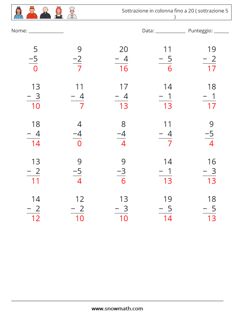 (25) Sottrazione in colonna fino a 20 ( sottrazione 5 ) Fogli di lavoro di matematica 3 Domanda, Risposta