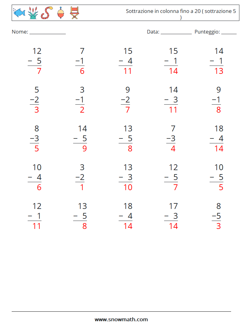 (25) Sottrazione in colonna fino a 20 ( sottrazione 5 ) Fogli di lavoro di matematica 5 Domanda, Risposta