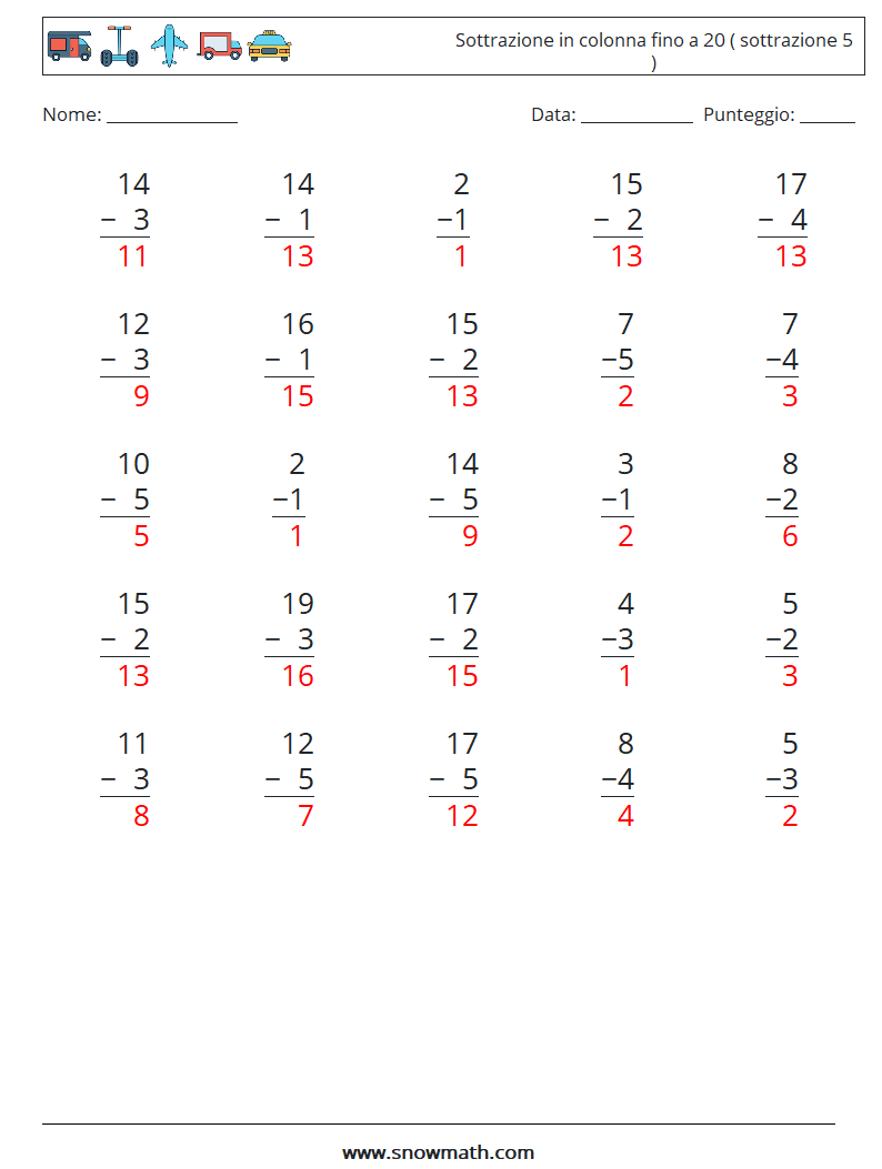 (25) Sottrazione in colonna fino a 20 ( sottrazione 5 ) Fogli di lavoro di matematica 6 Domanda, Risposta