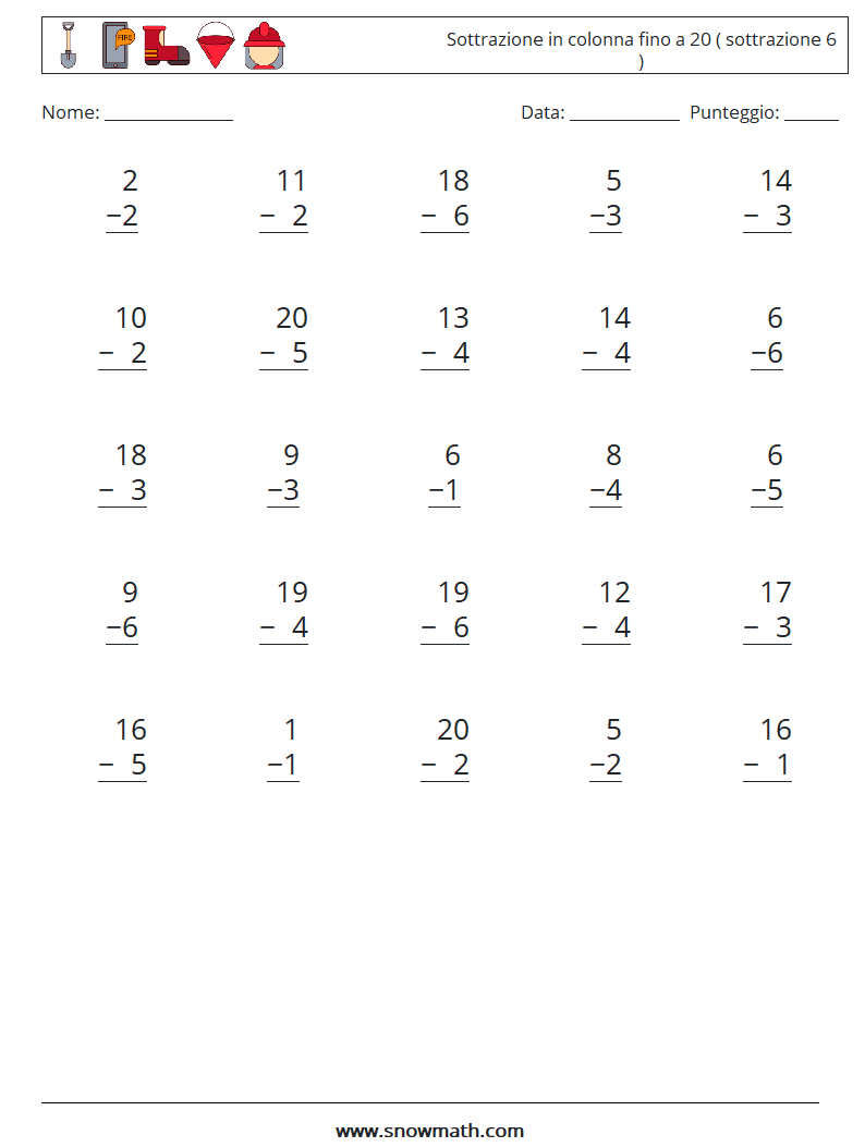 (25) Sottrazione in colonna fino a 20 ( sottrazione 6 ) Fogli di lavoro di matematica 1