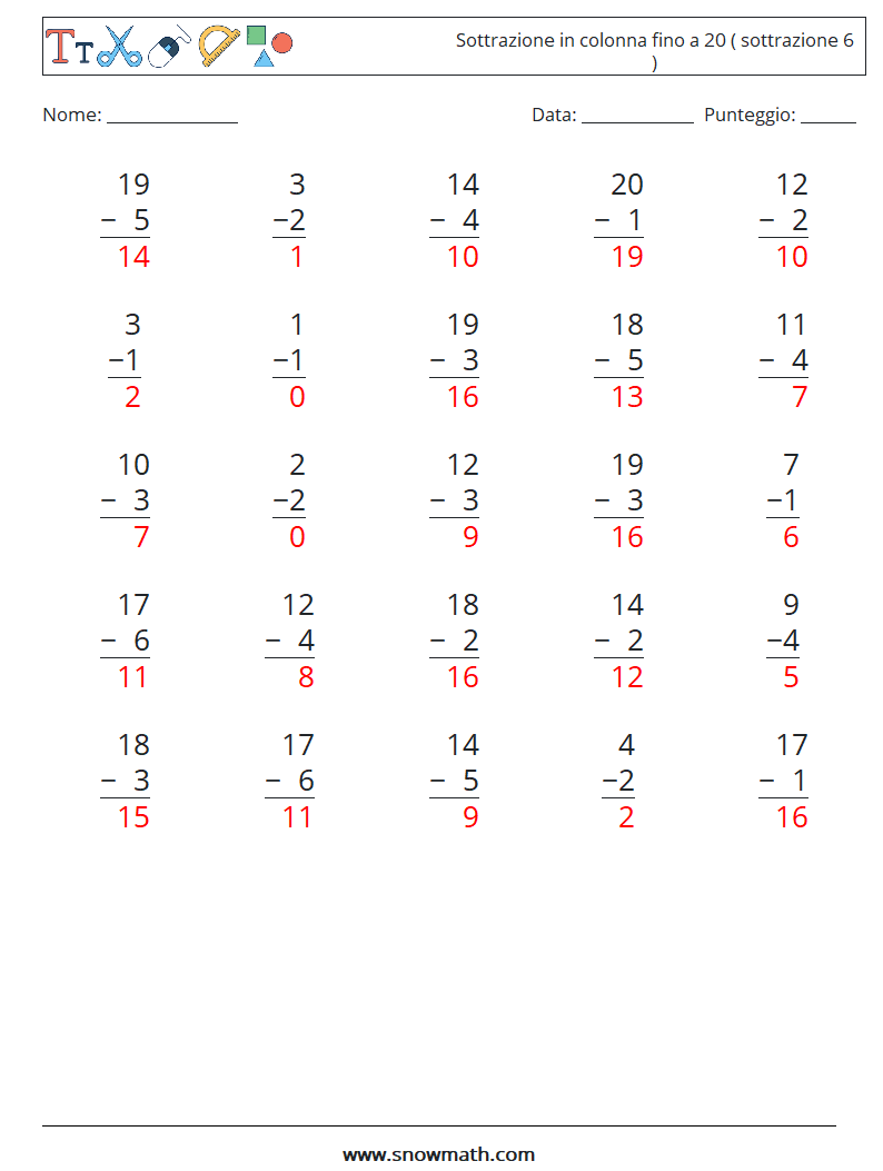 (25) Sottrazione in colonna fino a 20 ( sottrazione 6 ) Fogli di lavoro di matematica 4 Domanda, Risposta