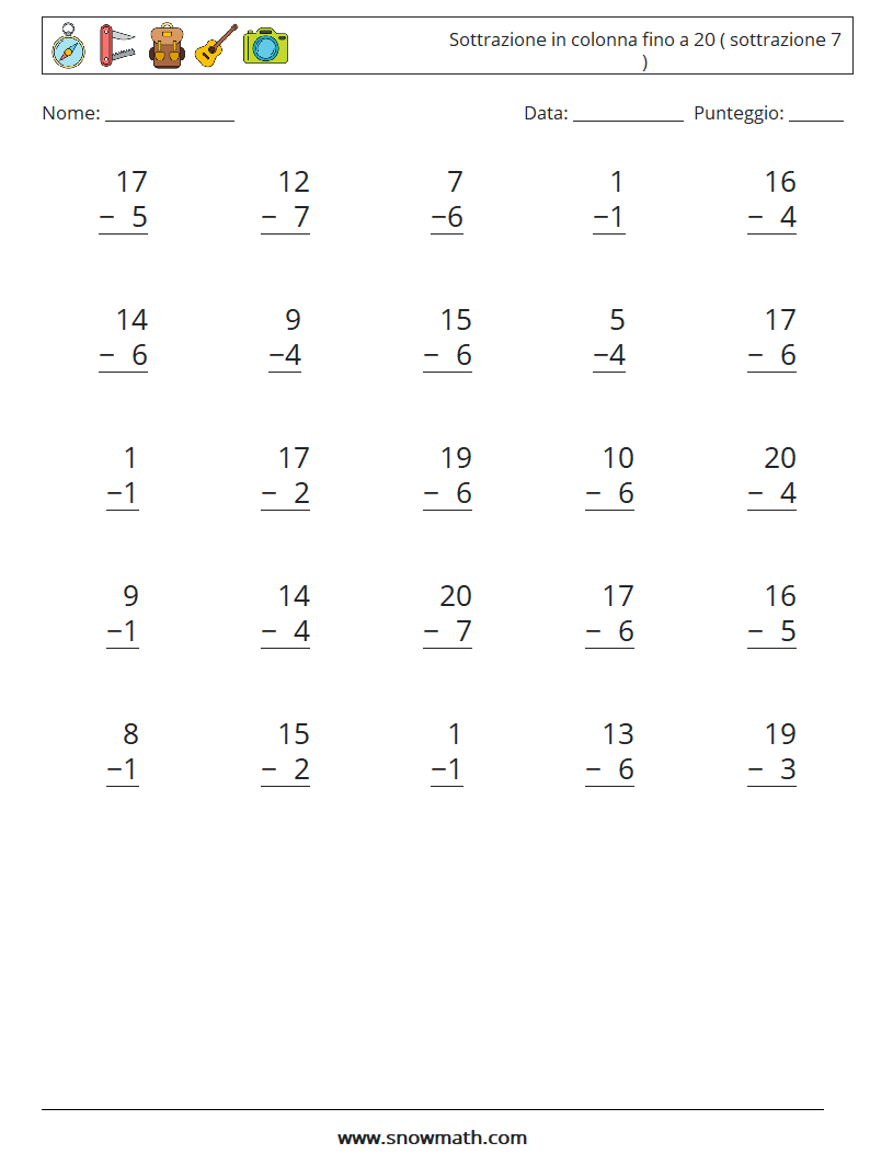 (25) Sottrazione in colonna fino a 20 ( sottrazione 7 ) Fogli di lavoro di matematica 10