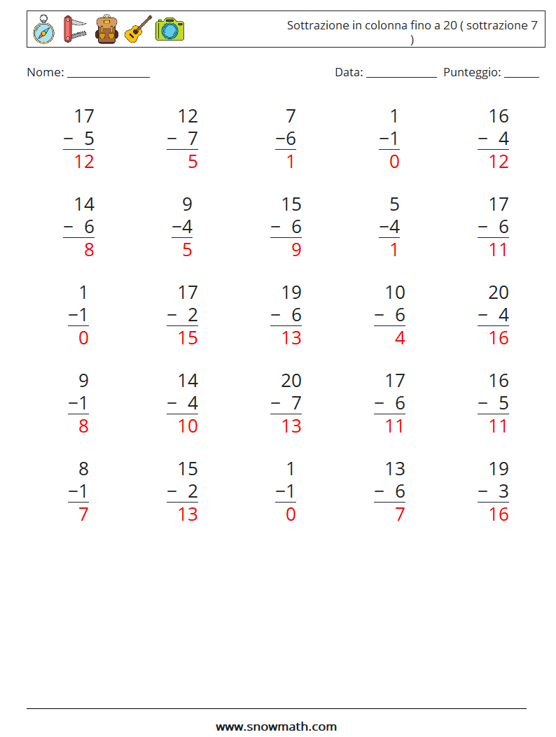 (25) Sottrazione in colonna fino a 20 ( sottrazione 7 ) Fogli di lavoro di matematica 10 Domanda, Risposta