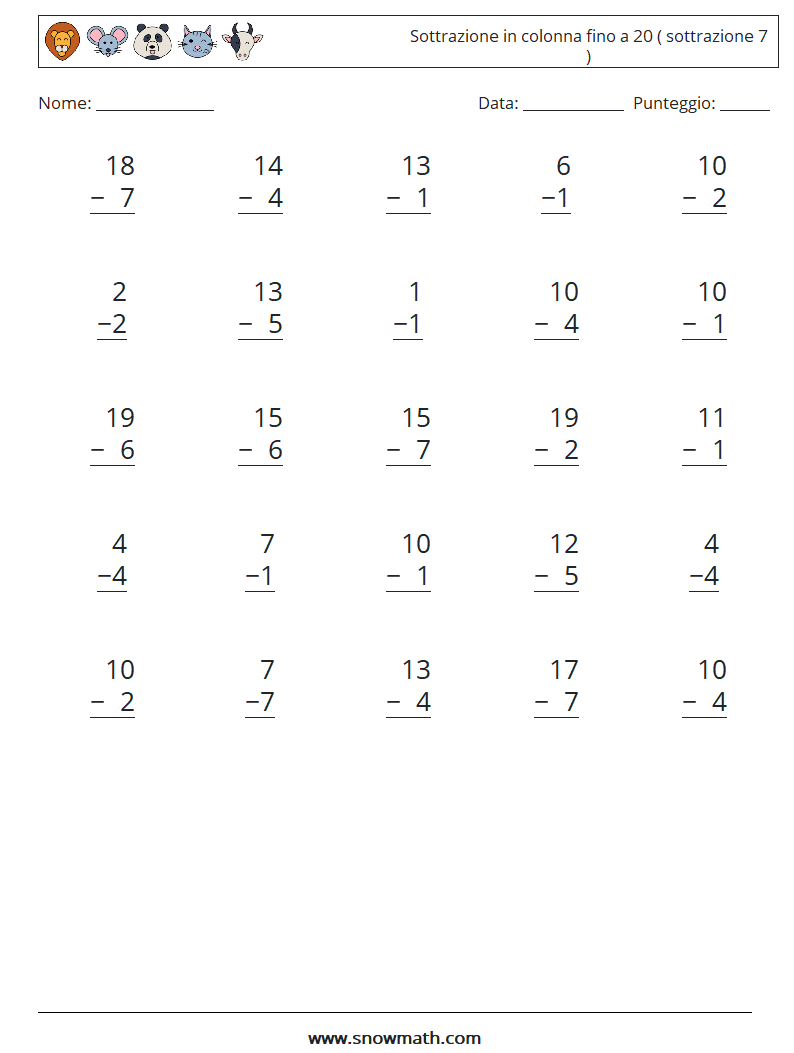 (25) Sottrazione in colonna fino a 20 ( sottrazione 7 ) Fogli di lavoro di matematica 11