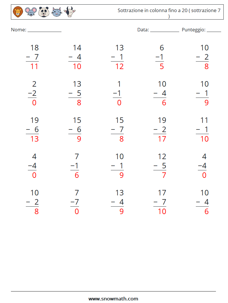 (25) Sottrazione in colonna fino a 20 ( sottrazione 7 ) Fogli di lavoro di matematica 11 Domanda, Risposta