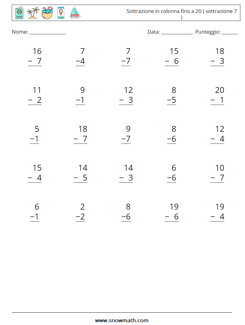 (25) Sottrazione in colonna fino a 20 ( sottrazione 7 ) Fogli di lavoro di matematica 12