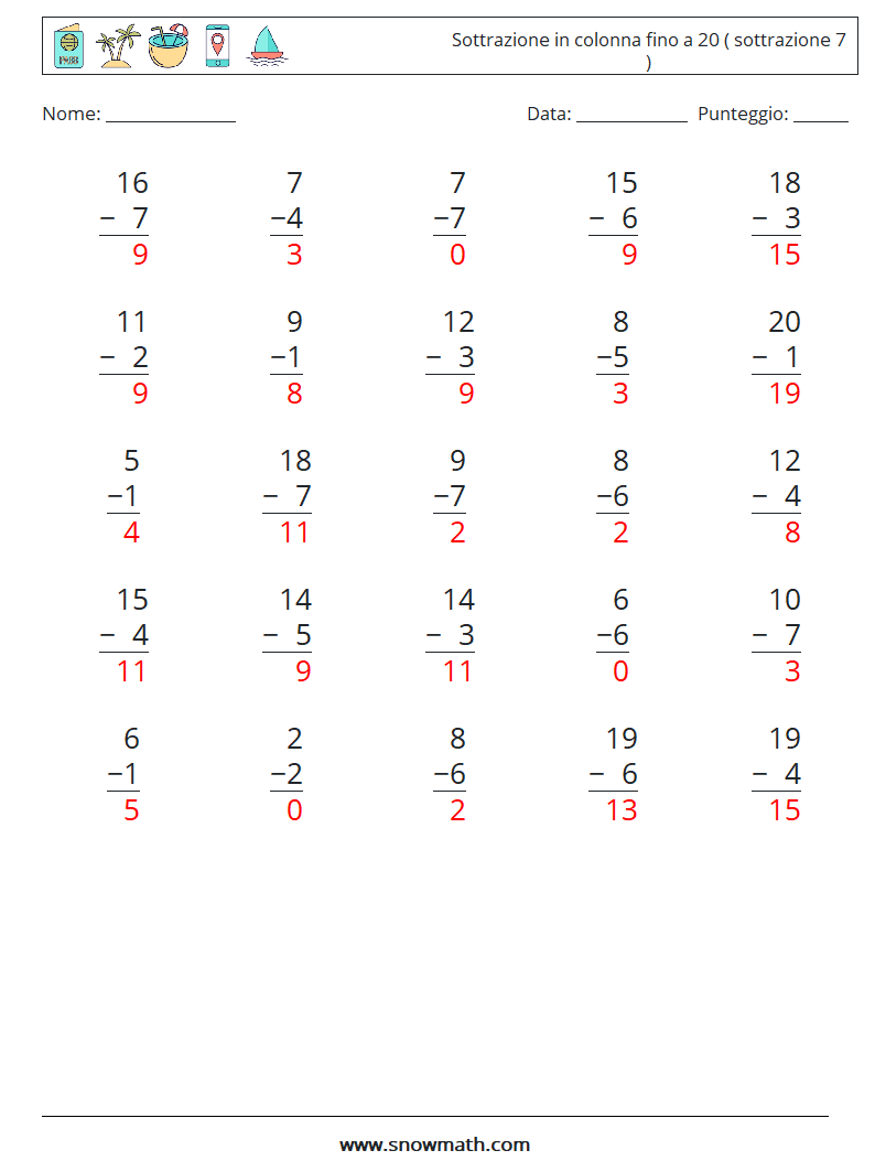 (25) Sottrazione in colonna fino a 20 ( sottrazione 7 ) Fogli di lavoro di matematica 12 Domanda, Risposta