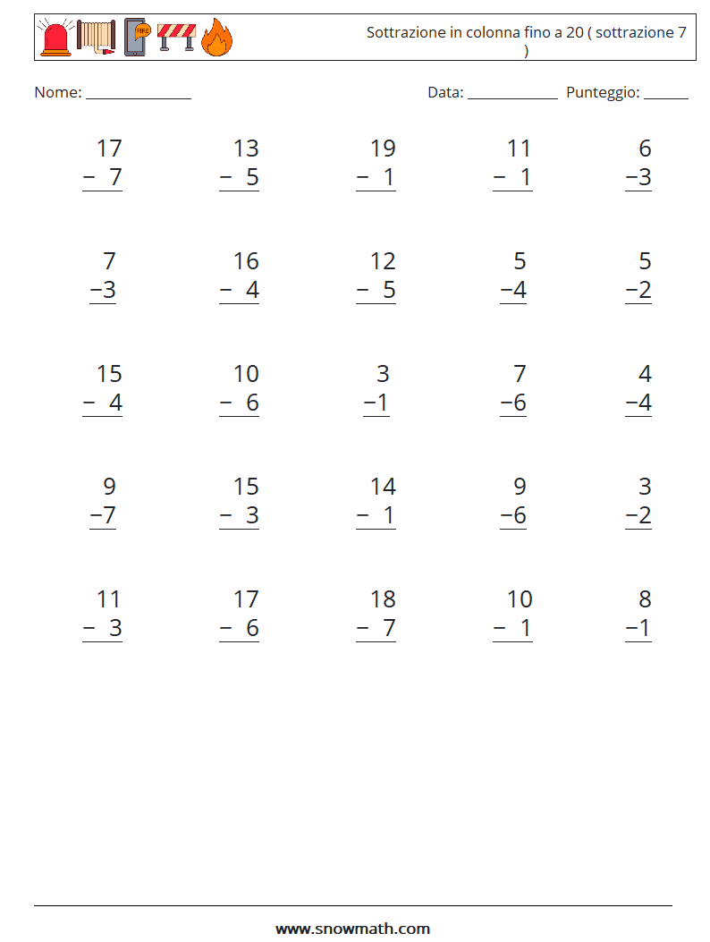 (25) Sottrazione in colonna fino a 20 ( sottrazione 7 ) Fogli di lavoro di matematica 13