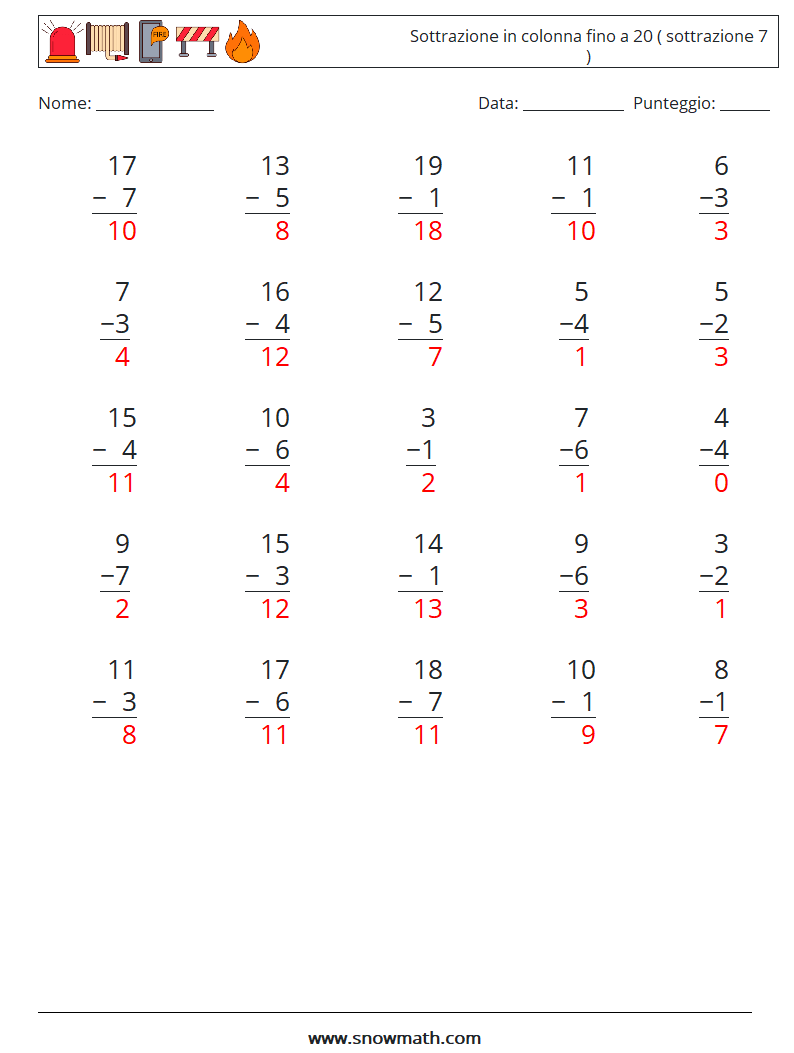(25) Sottrazione in colonna fino a 20 ( sottrazione 7 ) Fogli di lavoro di matematica 13 Domanda, Risposta